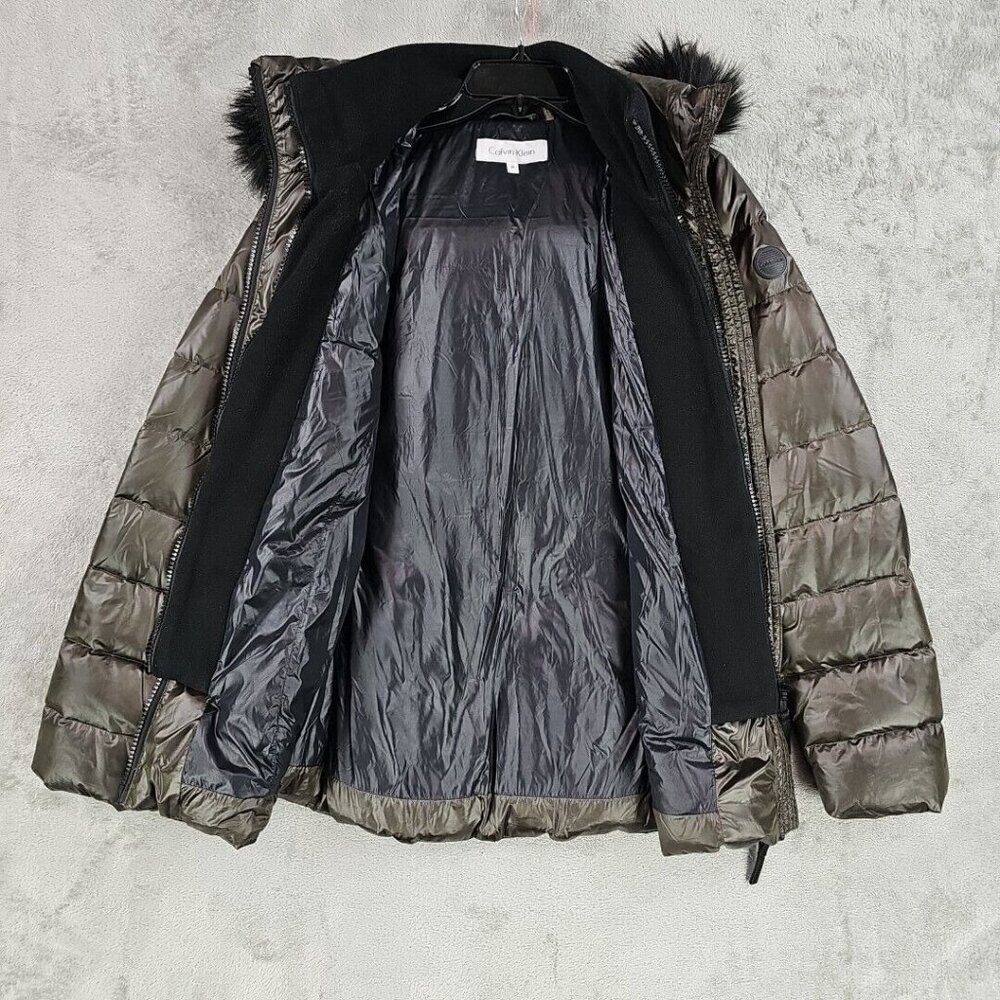 Calvin Klein Duck Down Puffer Jacket Womens Size M Brown Faux Fur Trim Hood - Picture 7 of 10